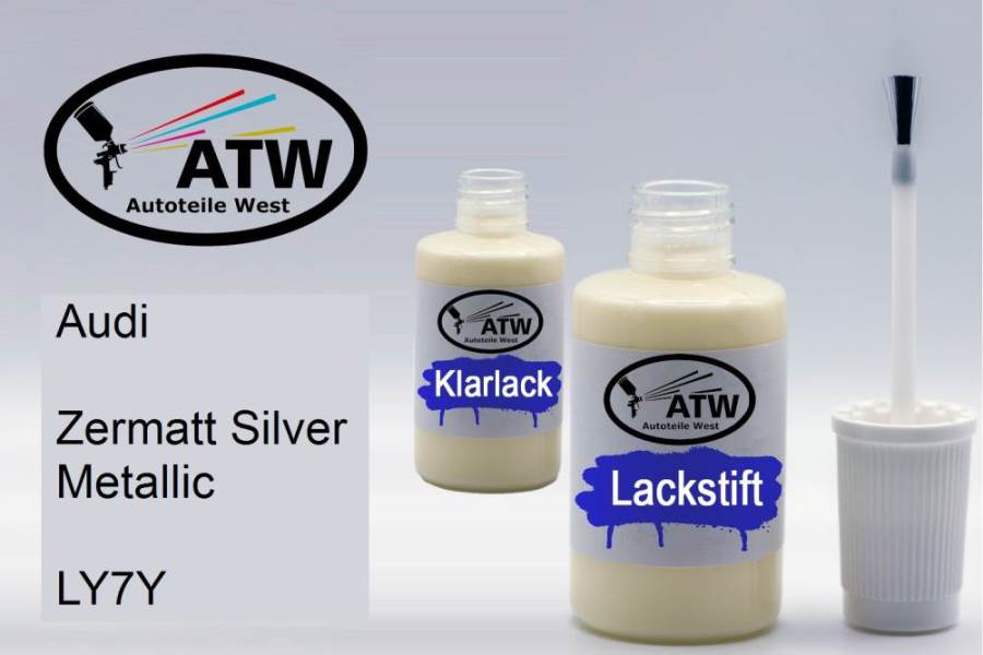 Audi, Zermatt Silver Metallic, LY7Y: 20ml Lackstift + 20ml Klarlack - Set, von ATW Autoteile West.